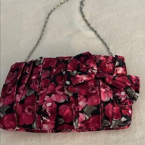 White House Black Market Pink and Black Floral Pleated Clutch with Chain